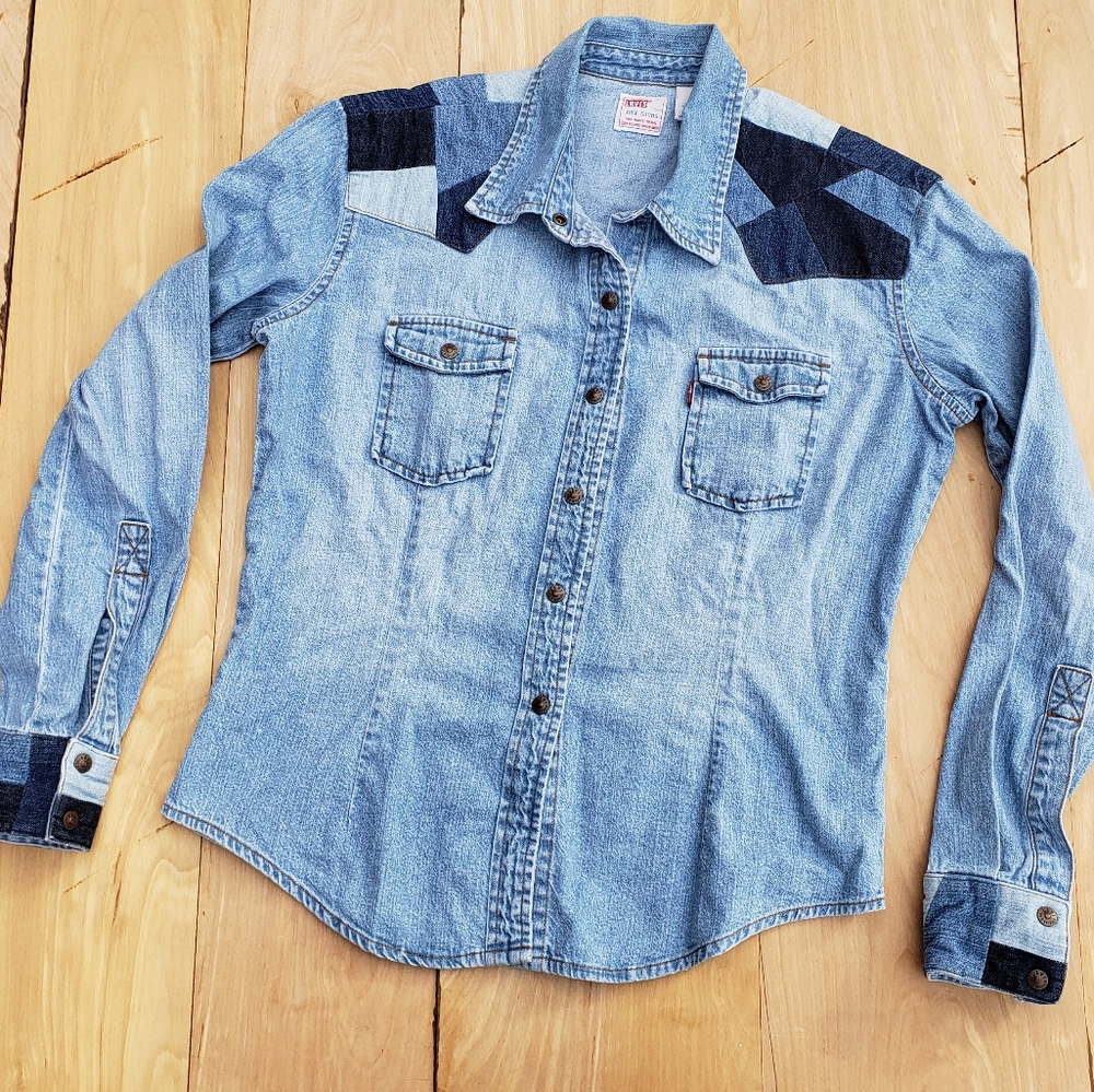 Levis Denim Patchwork Button Up Long Sleeve Shirt Size Large